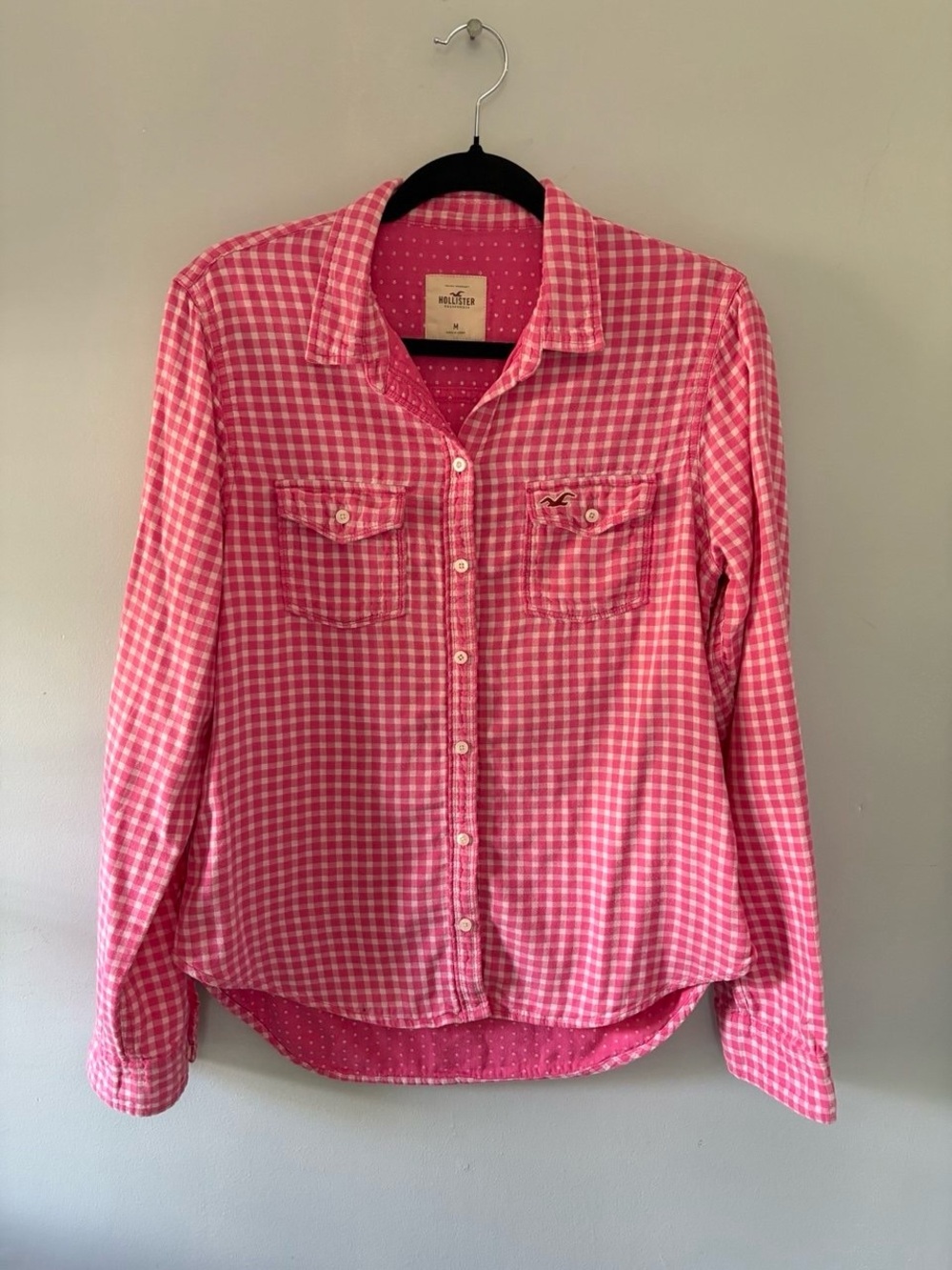 Hollister California Pink White Gingham Check Long Sleeve Button-Up Shirt Medium